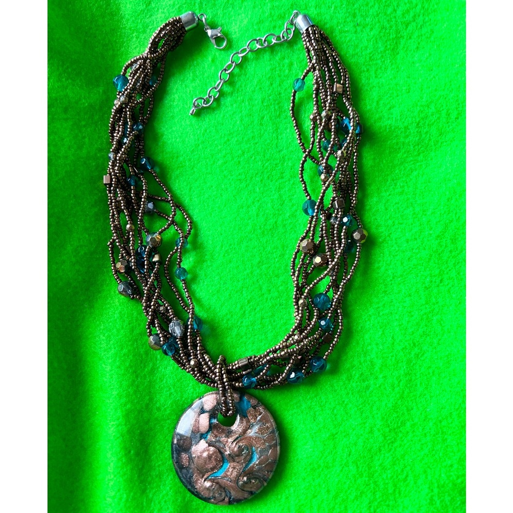Dichroic Glass & Seed Bead Necklace 16” 3” Extender Copper with Hints of Blue